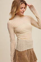 Semi Sheer Textured Lace Long-Sleeve Layering Top