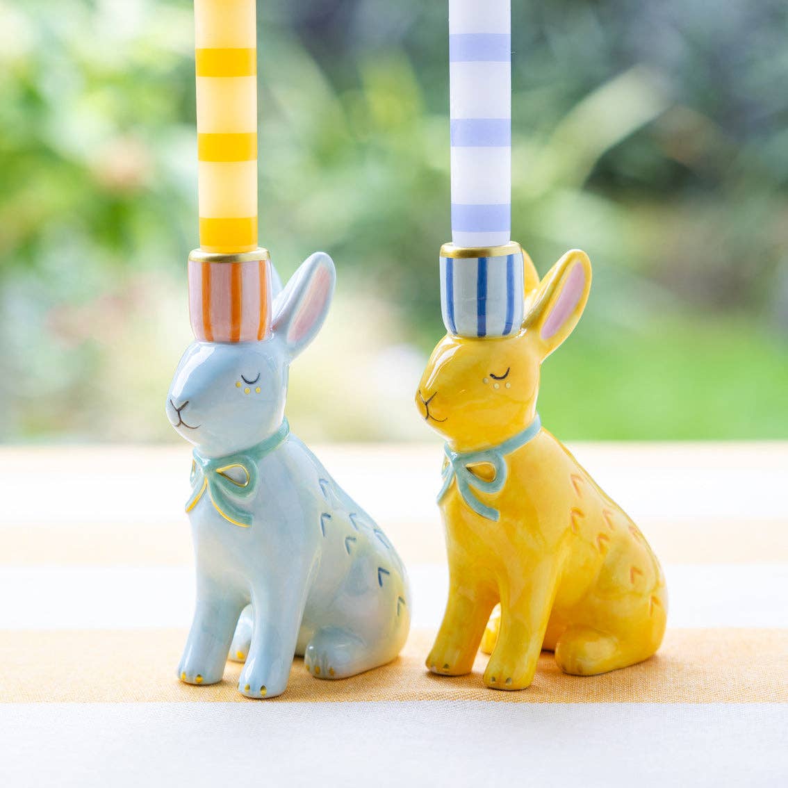 Hand-Painted Bunnies Ceramic Candle Holders