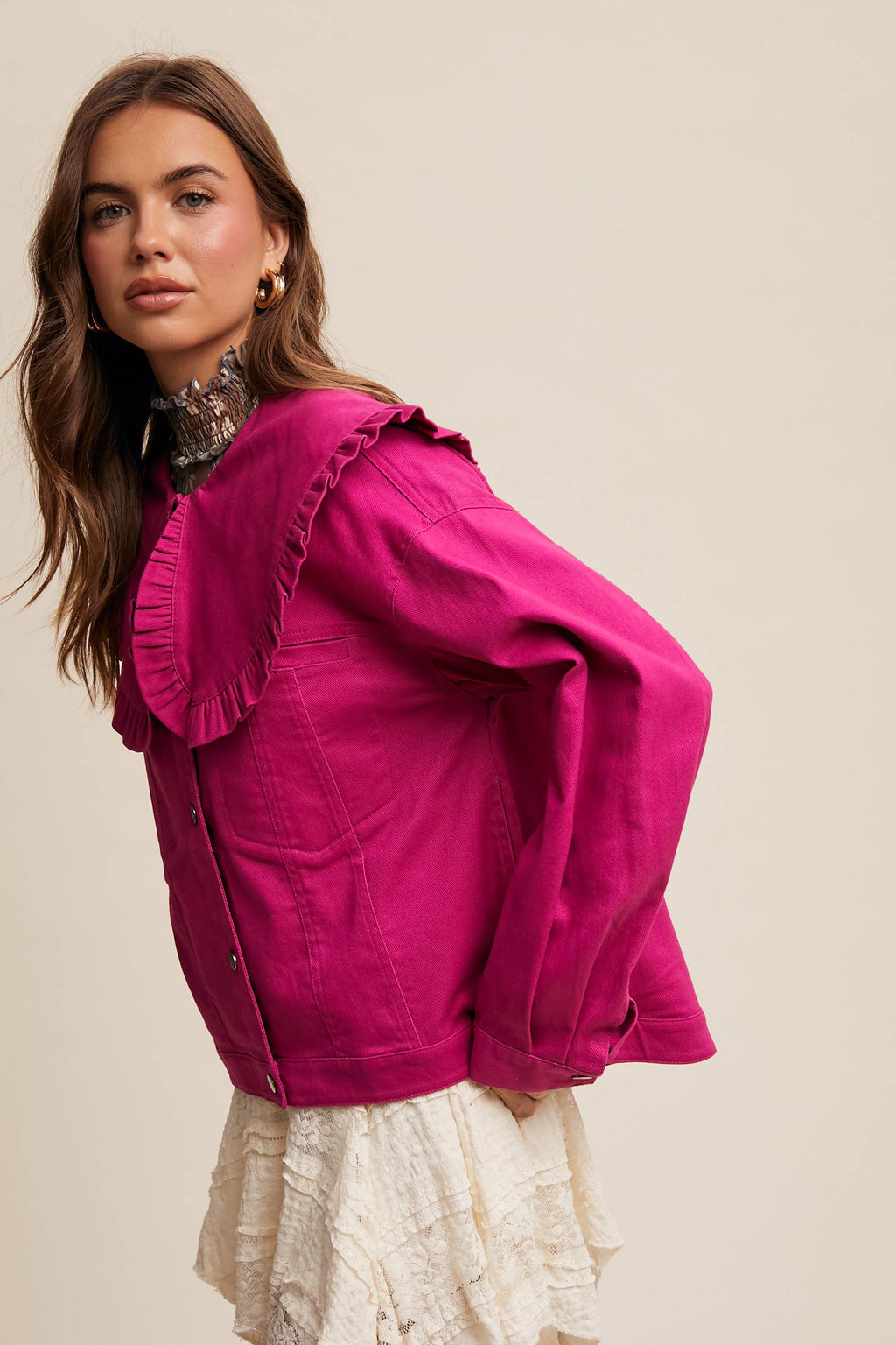 Ruffled Collar Denim Jacket