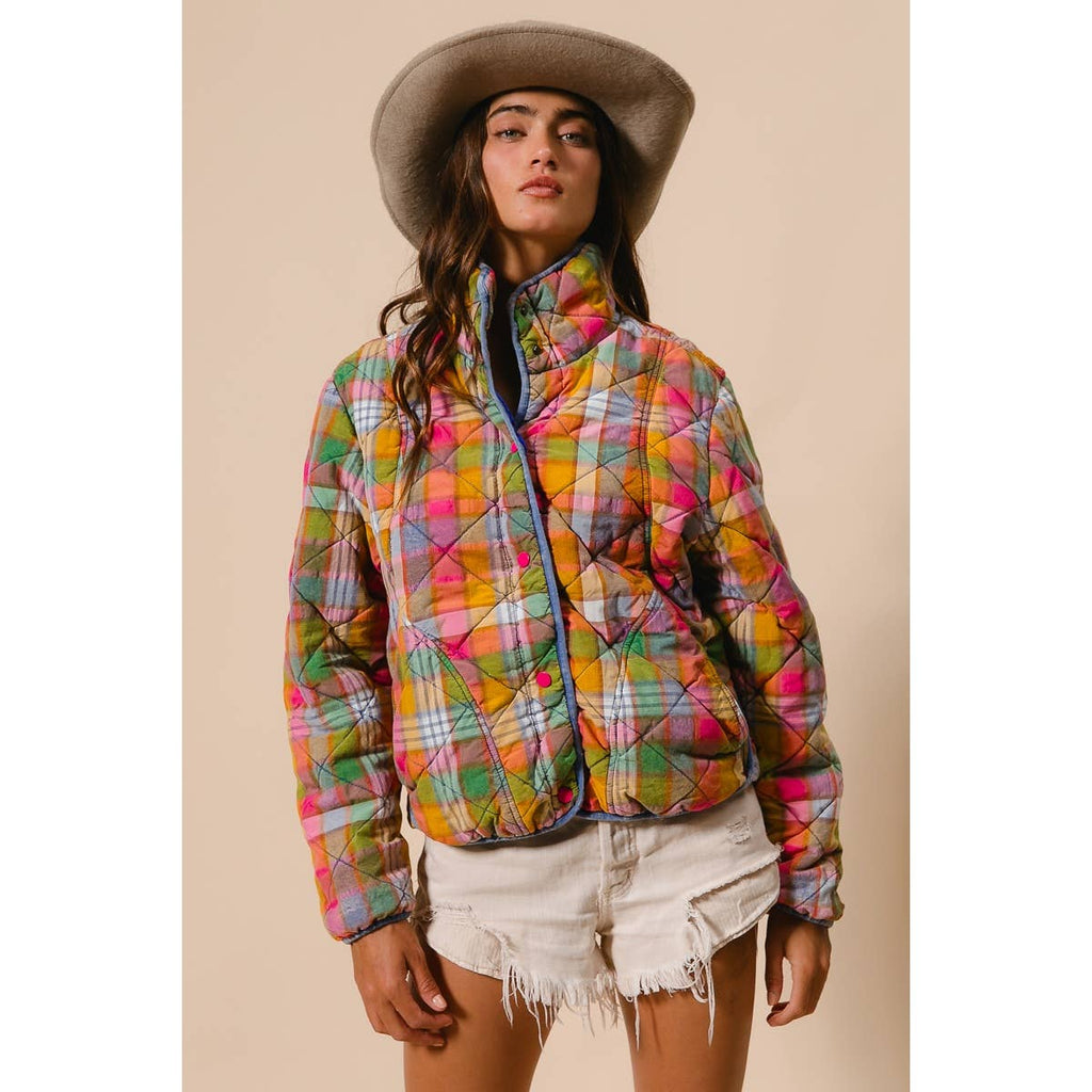 BLEACHED VINTAGE PLAID QUILTED JACKET WITH POCKETS