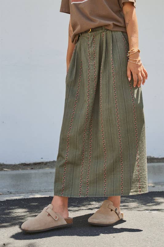 Embroidered Cotton Twill Belted Midi Skirt