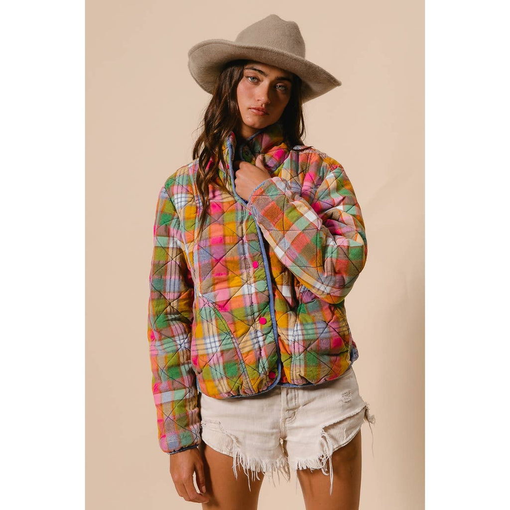BLEACHED VINTAGE PLAID QUILTED JACKET WITH POCKETS