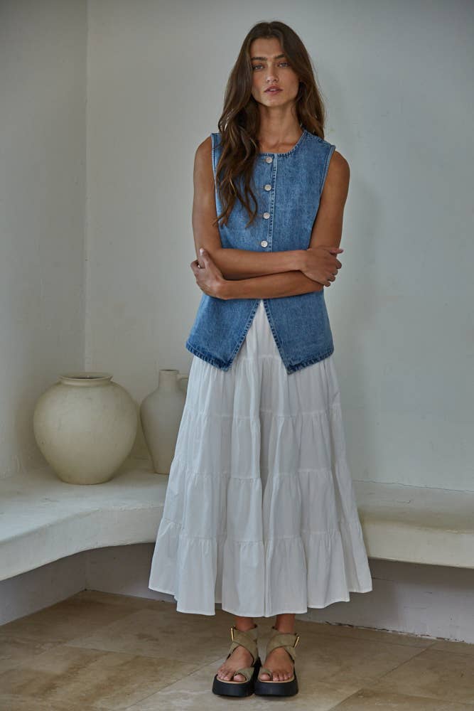 Denim Cotton Viscose Polyester Button Down Vest Top