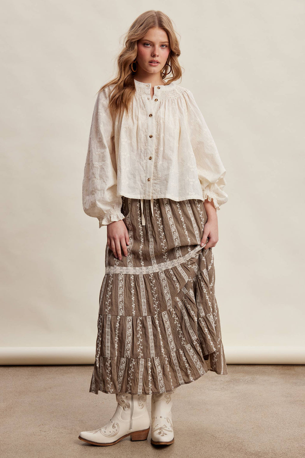Embroidered Tiered Maxi Skirt