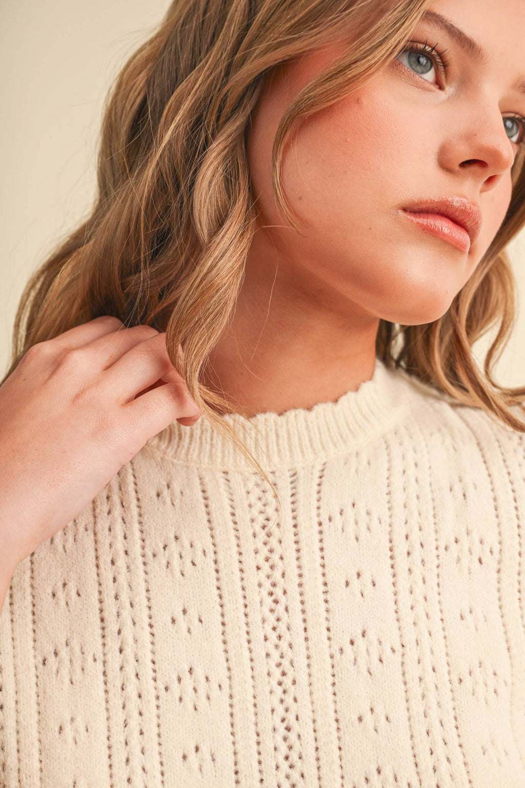 SCALLOPED POINTELLE KNIT SHORT SLEEVE SWEATER