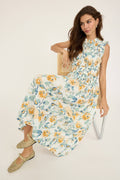 Flower Print Smocking Sleeveless Dress