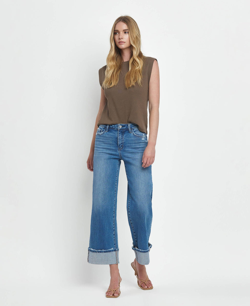 HIGH RISE MEDIUM WASH CUFFED WIDE JEANS