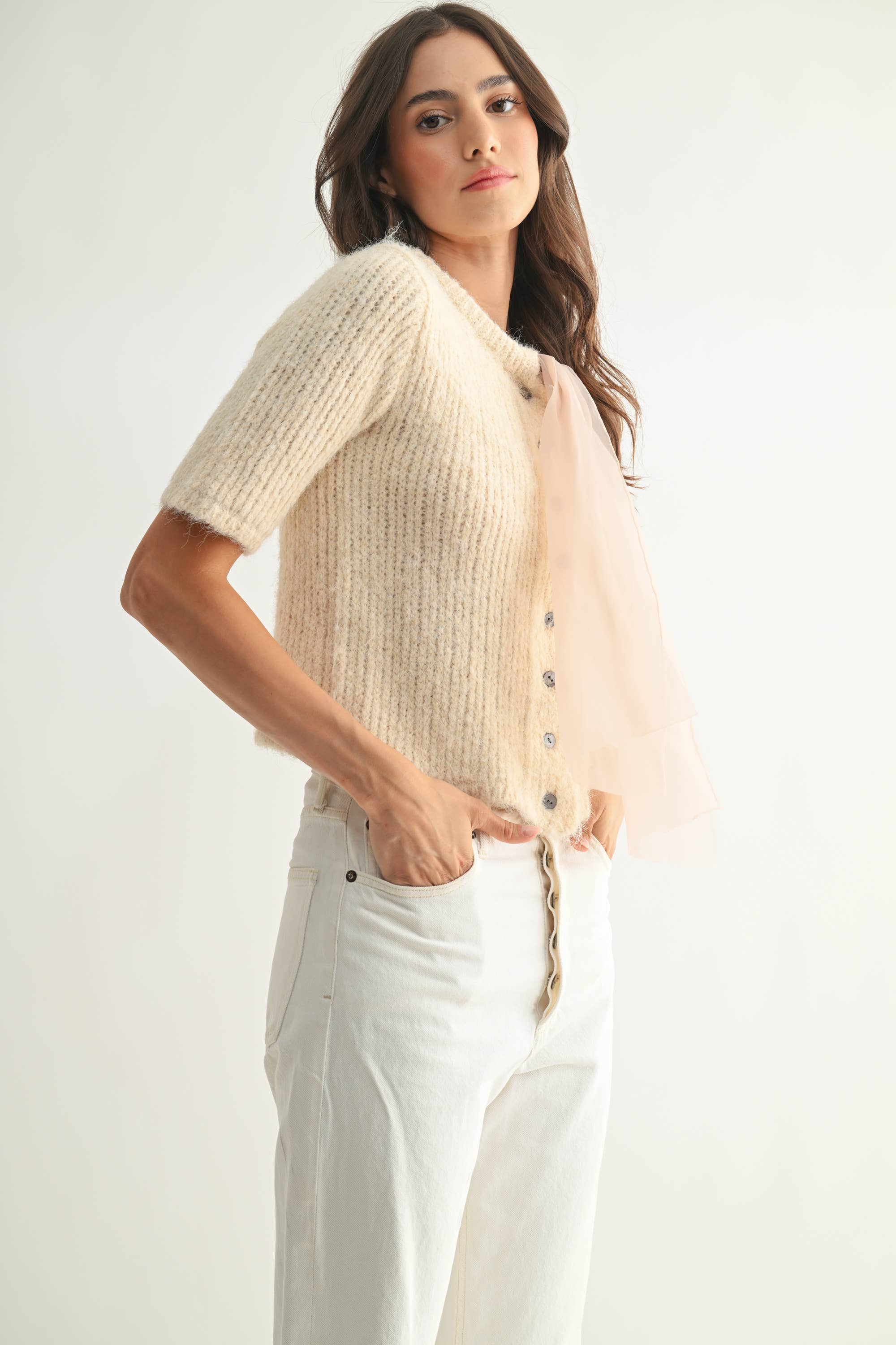Knit Cardigan with Chiffon Bow