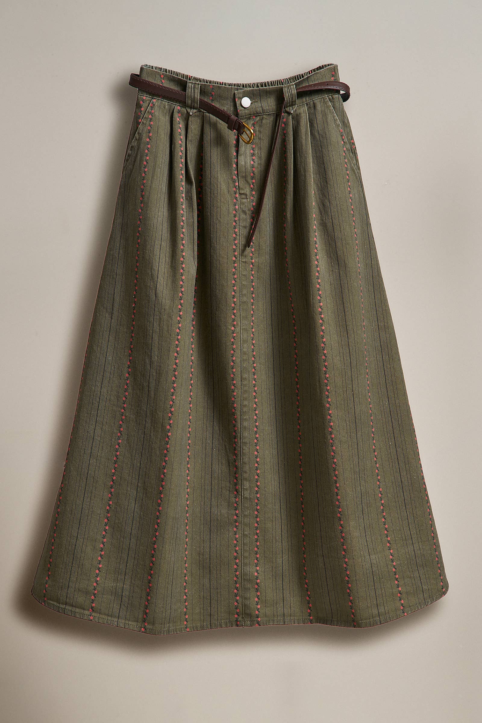 Embroidered Cotton Twill Belted Midi Skirt