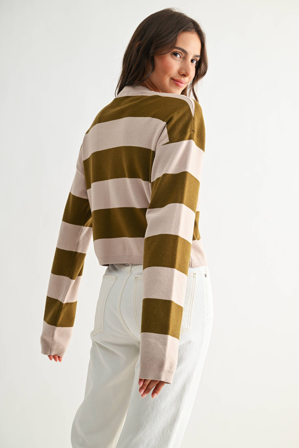 TAUPE AND OLIVE BOLD STRIPE SWATER