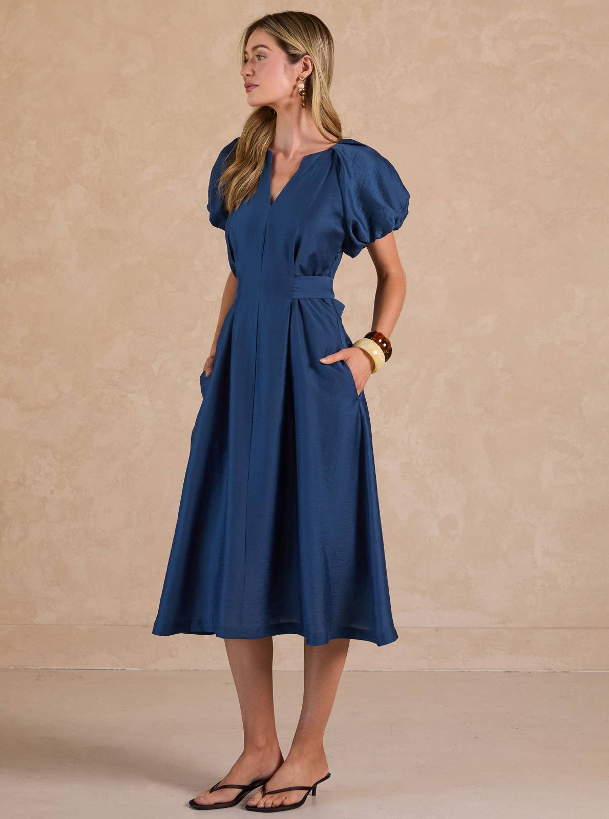Short Puff Sleeve A-line Midi Dress