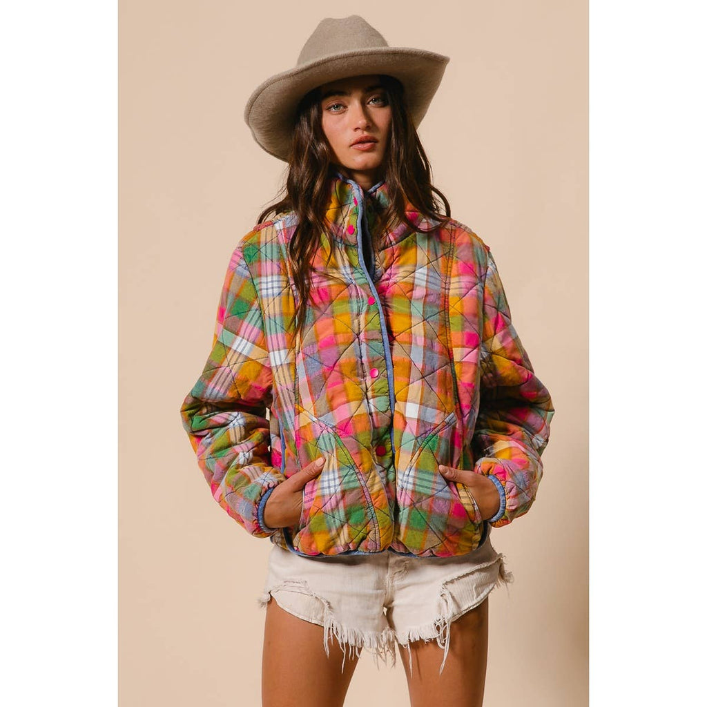 BLEACHED VINTAGE PLAID QUILTED JACKET WITH POCKETS