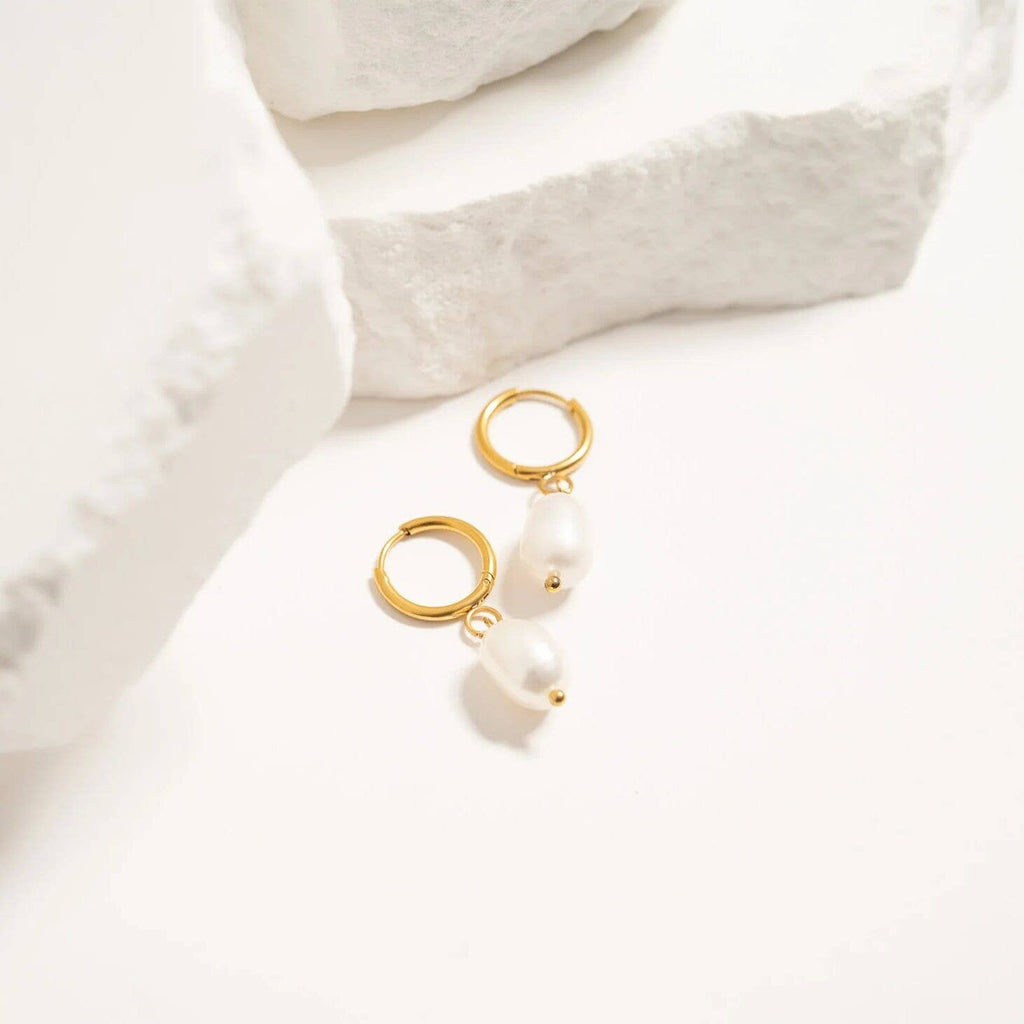 18K Gold Freshwater Pearl Huggie Earrings