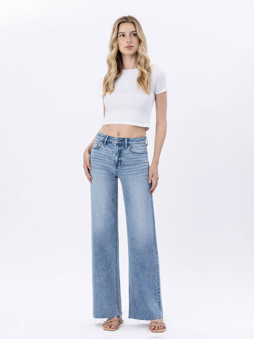 HIGH RISE RAW HEM WIDE JEANS