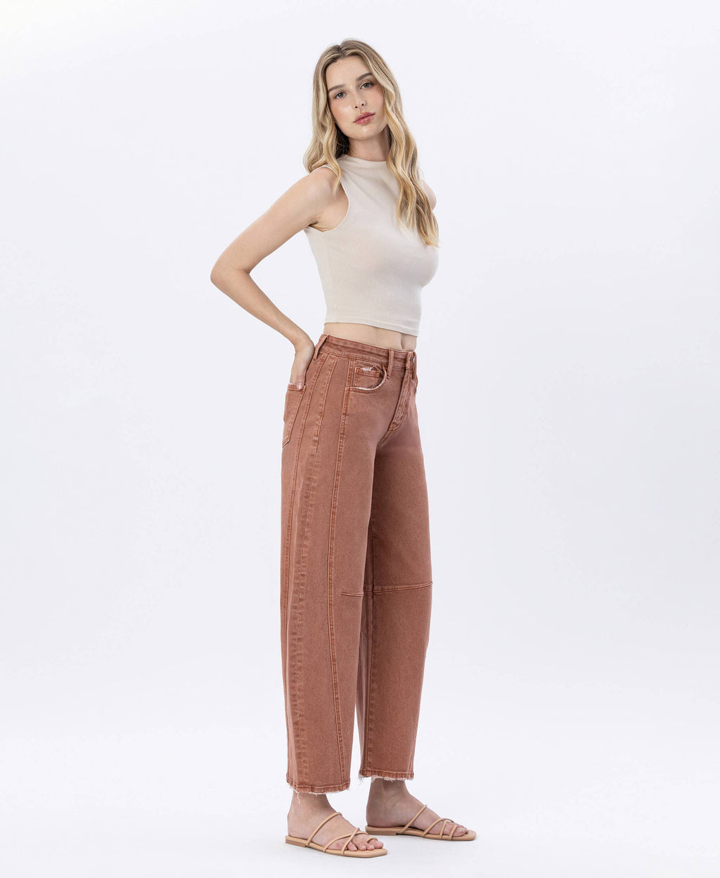 HIGH RISE COPPER COLOR TWIST BARREL JEANS