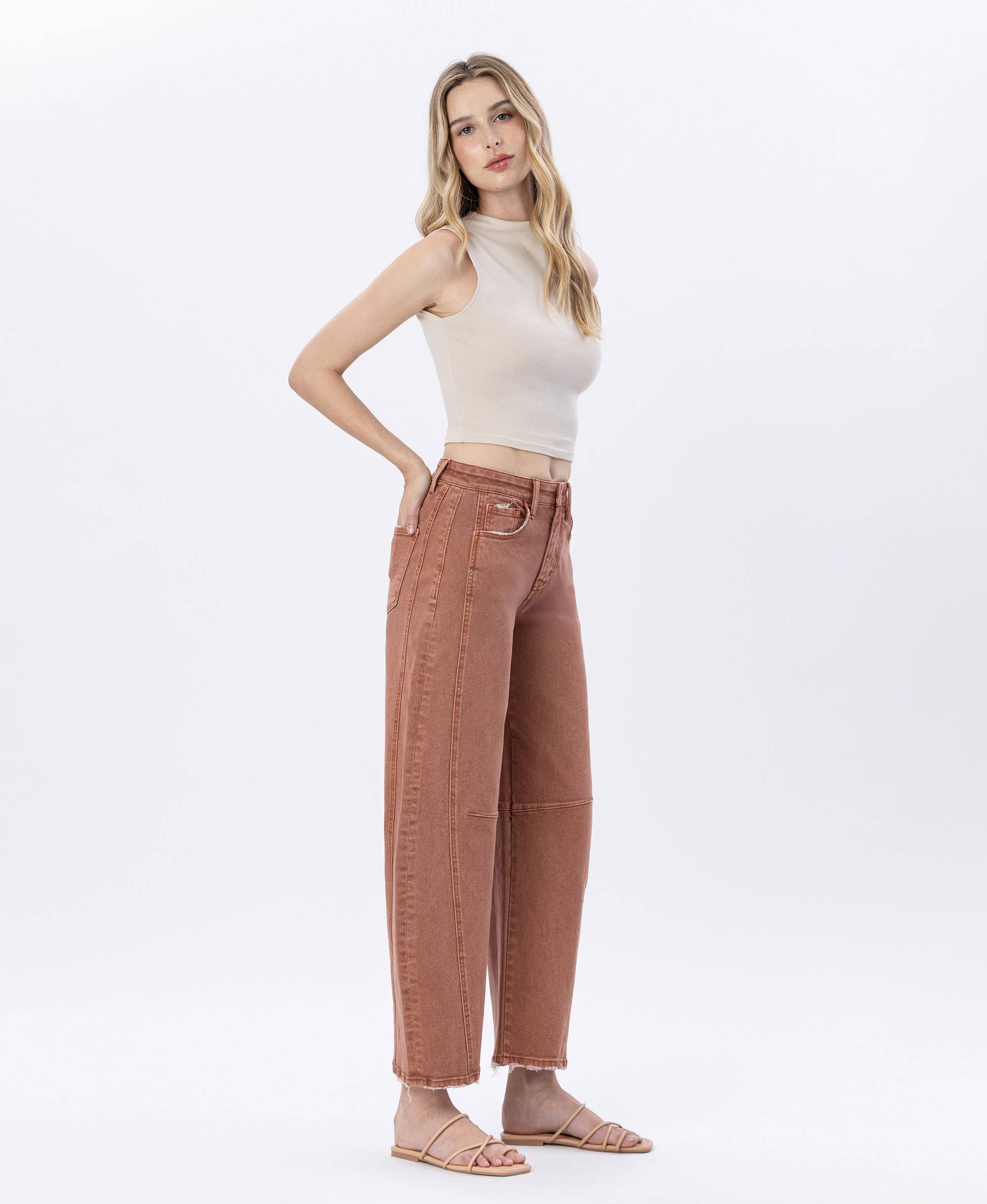 HIGH RISE COPPER COLOR TWIST BARREL JEANS
