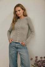 BUTTON FRONT ROUND NECK LONG SLEEVE KNIT TOP