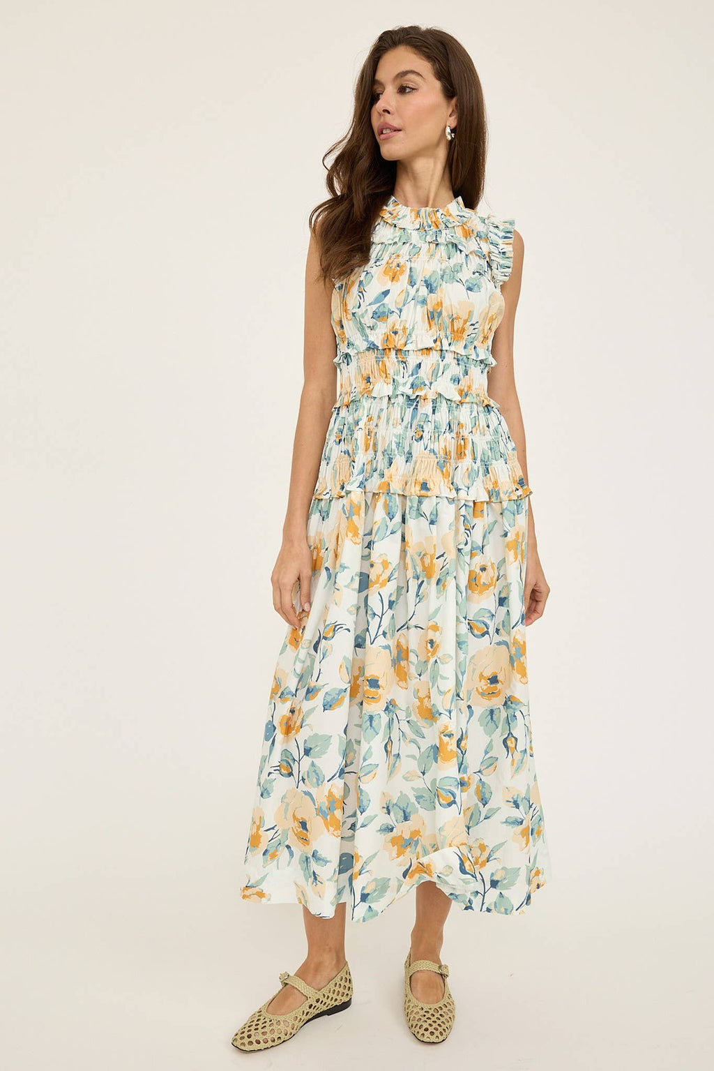 Flower Print Smocking Sleeveless Dress