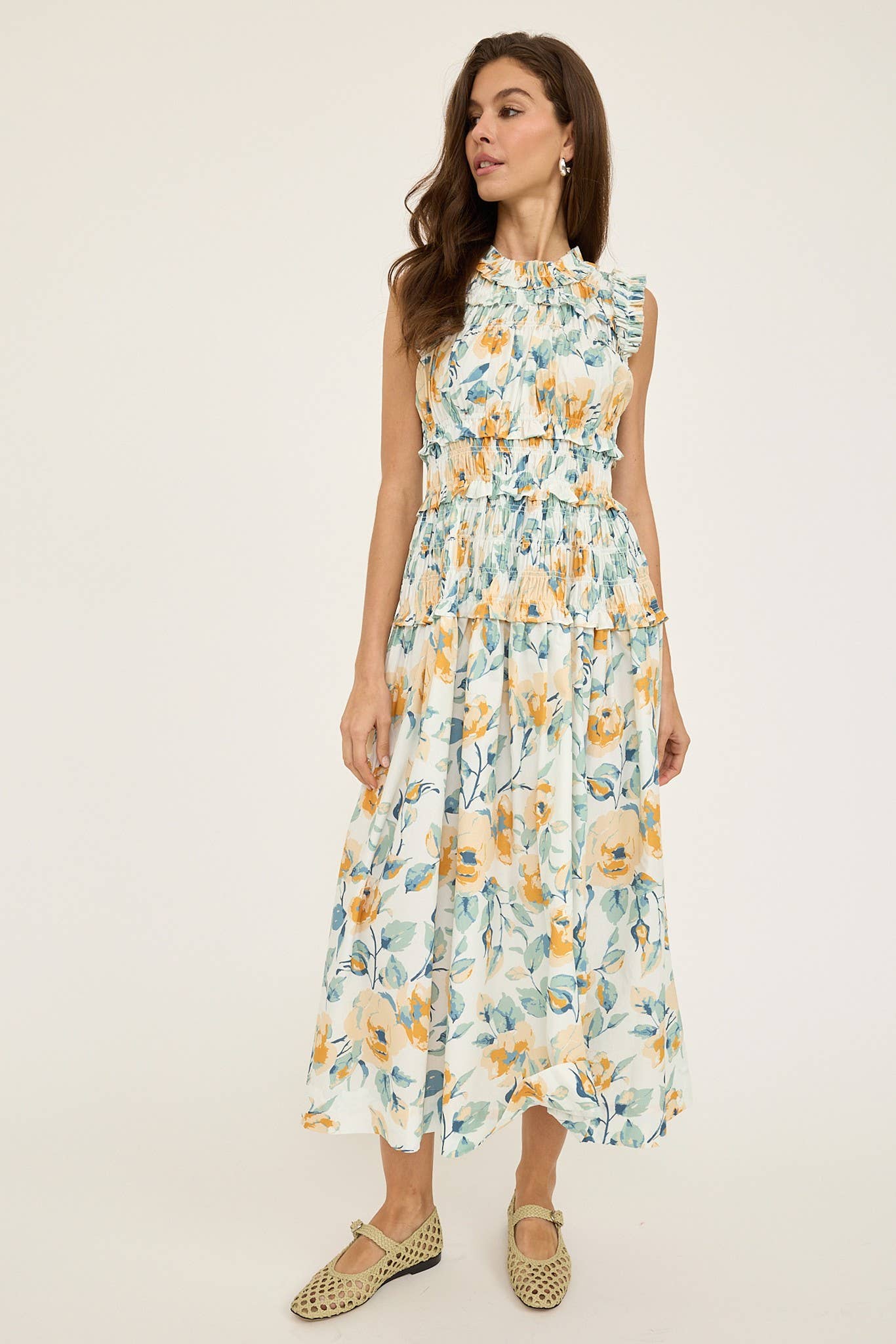 Flower Print Smocking Sleeveless Dress
