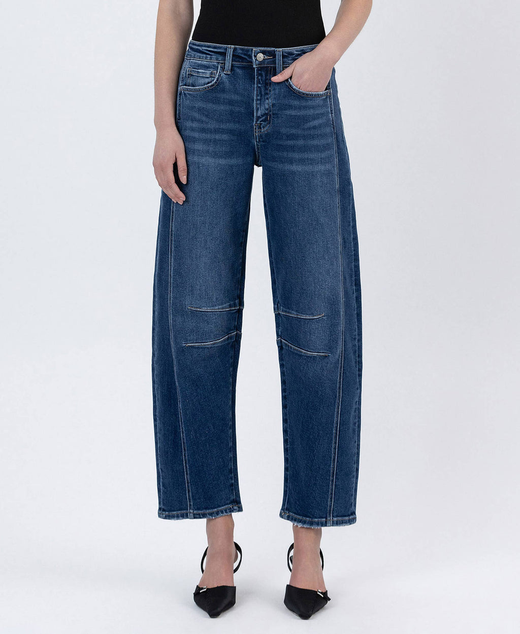 HIGH RISE DARK WASH BARREL LEG JEANS