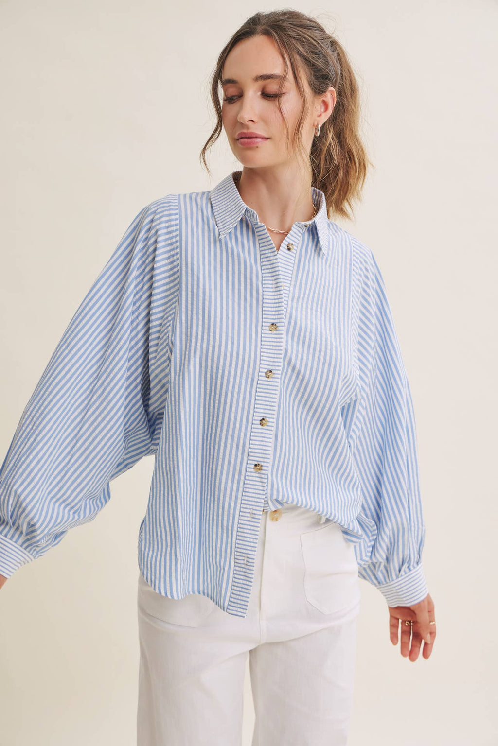FRENCH CAFE MIXED STRIPE BATWING BUTTON-DOWN SHIRT