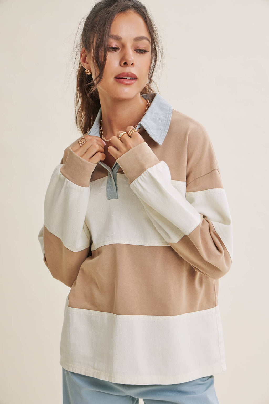 HERITAGE WEEKEND MINERAL-WASHED TWILL TERRY MIXED RUGBY TOP