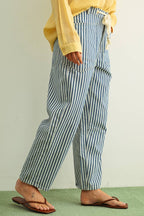 STRIPE PRINTED BARREL PANTS WITH COTTON TAPE BELT