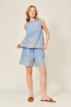 EMBROIDERED RUFFLE NECK SLEEVELESS BLOUSE