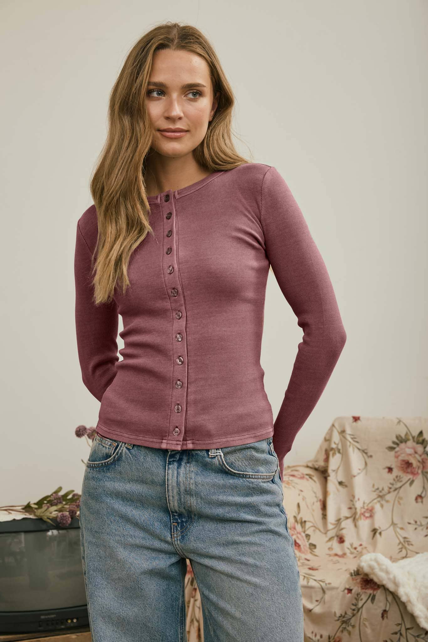 BUTTON FRONT ROUND NECK LONG SLEEVE KNIT TOP