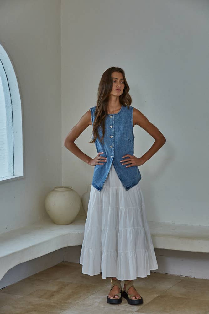 Denim Cotton Viscose Polyester Button Down Vest Top