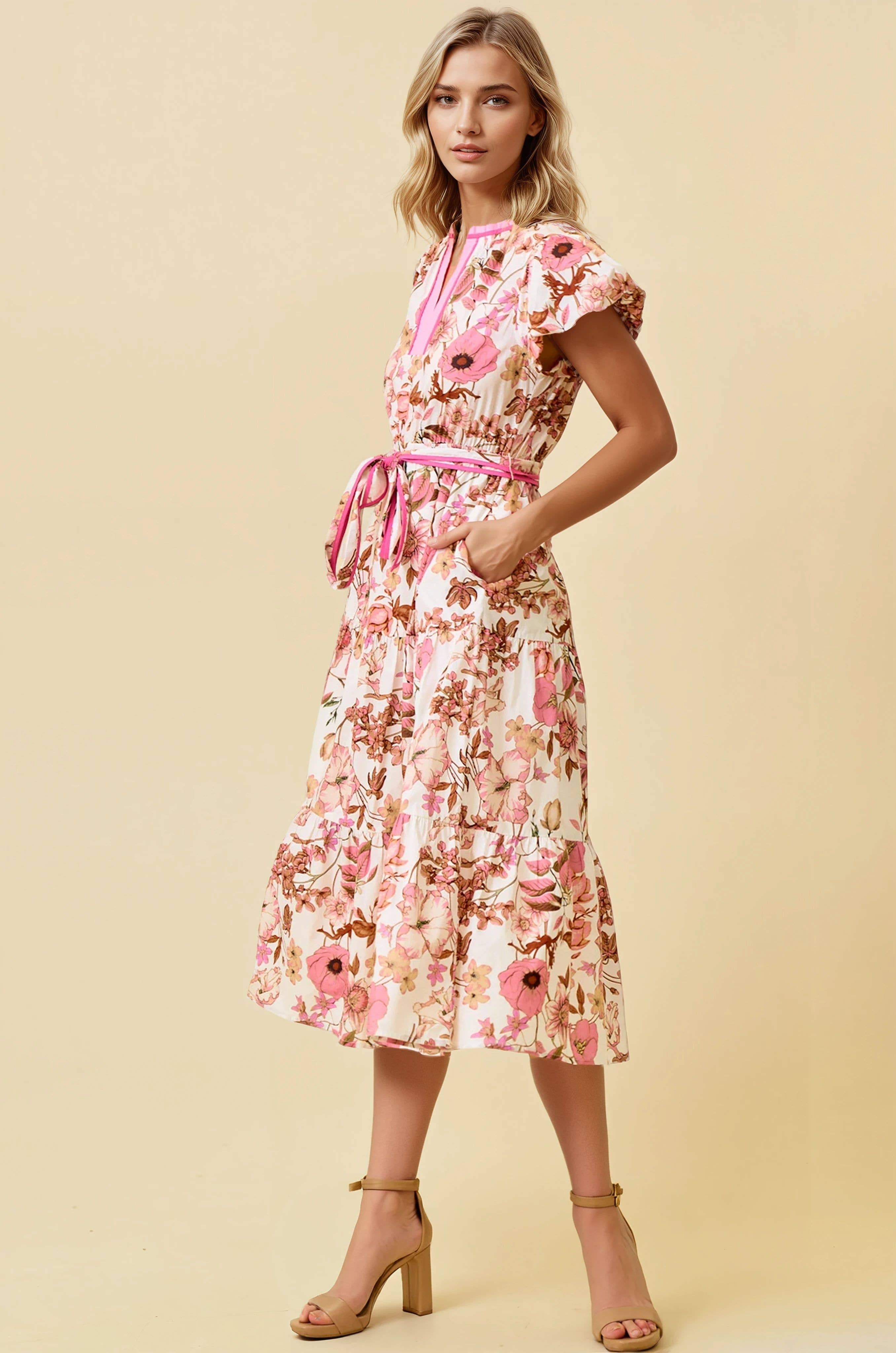 FLORAL PRINT BUBBLE SHORT SLEEVE TIERED MIDI DRESS