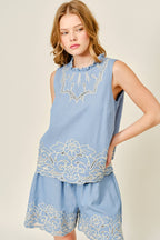 EMBROIDERED RUFFLE NECK SLEEVELESS BLOUSE