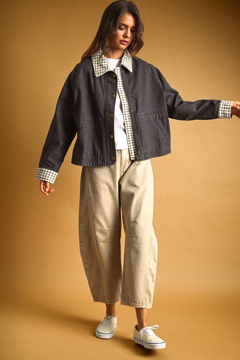 GINGHAM COLLARED TWILL JACKET