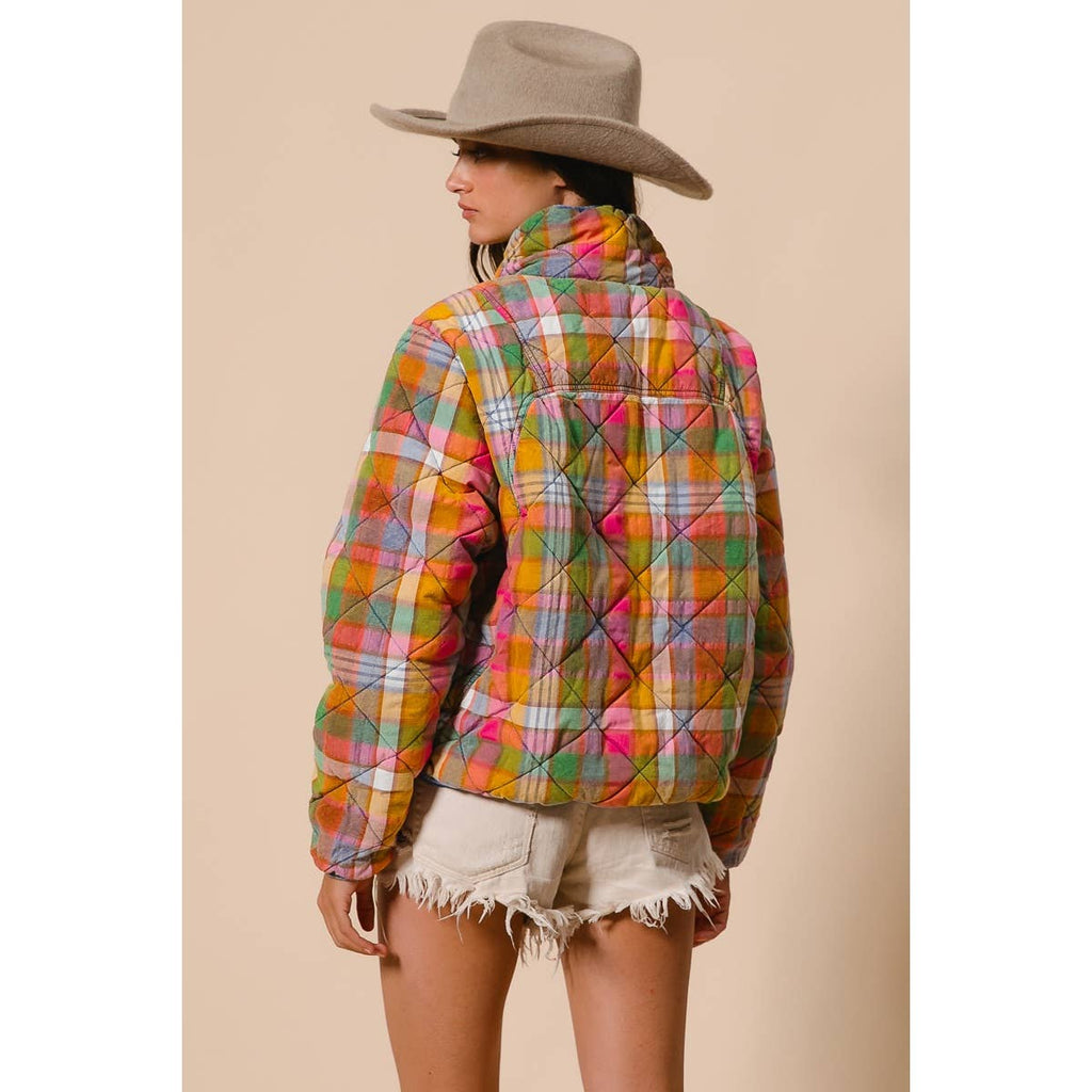 BLEACHED VINTAGE PLAID QUILTED JACKET WITH POCKETS