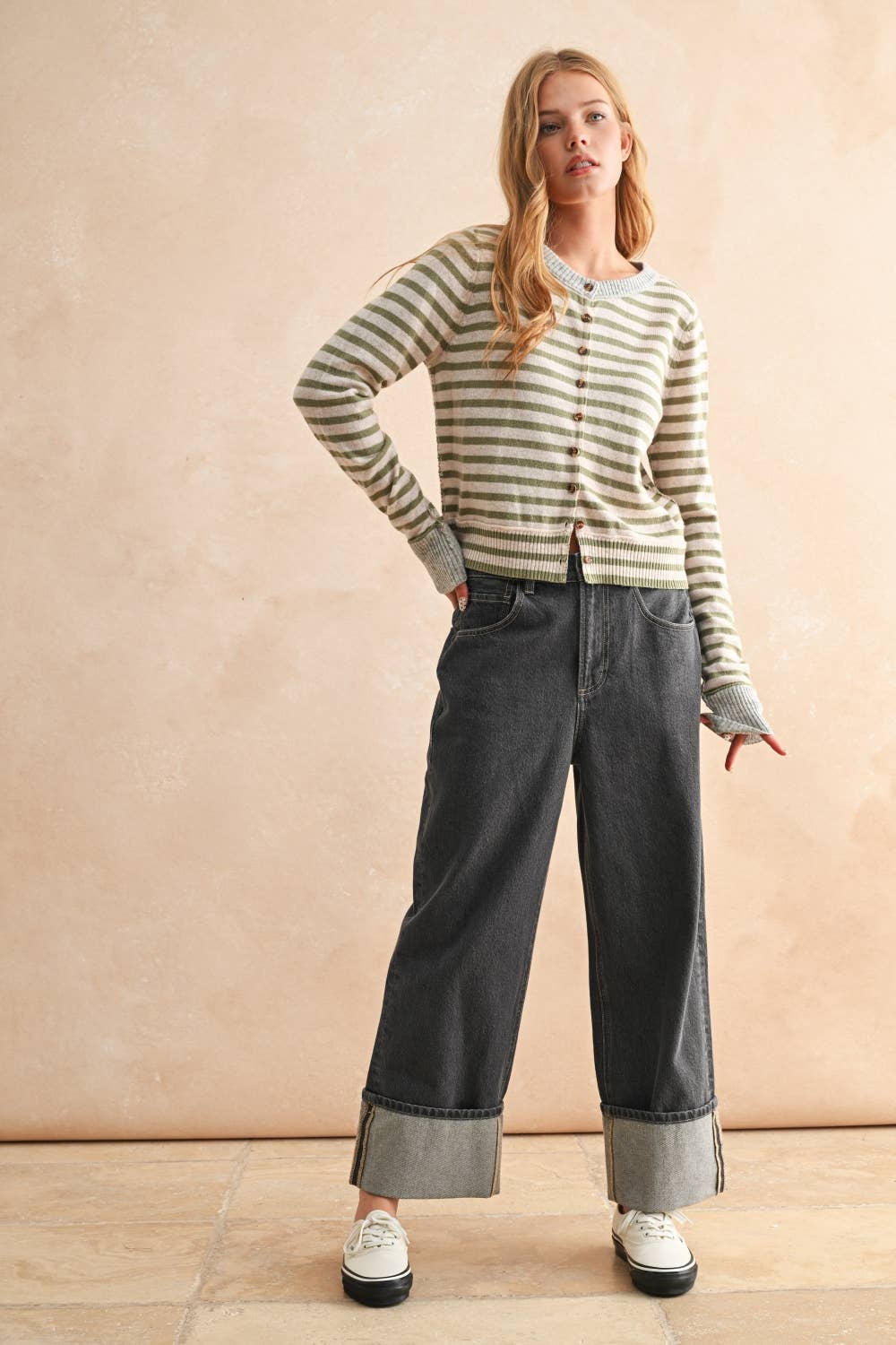 STRIPED PATTERN BUTTON FRONT CARDIGAN