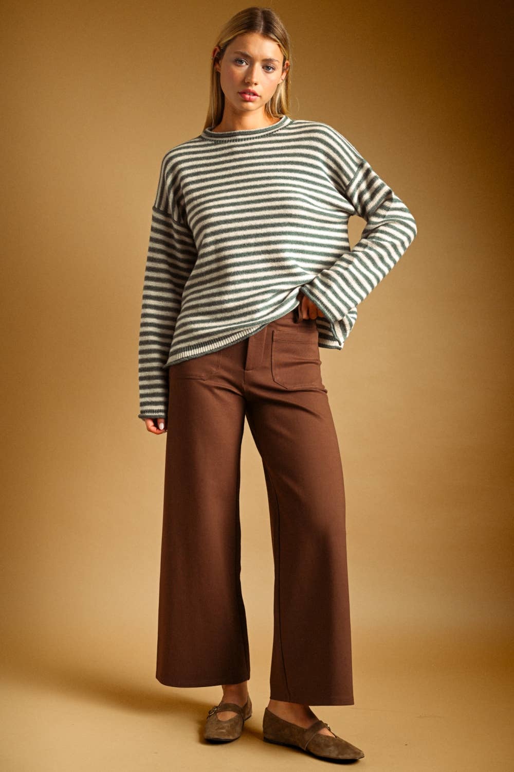 STRIPED PATTERN ROLLED NECK DETAIL TOP