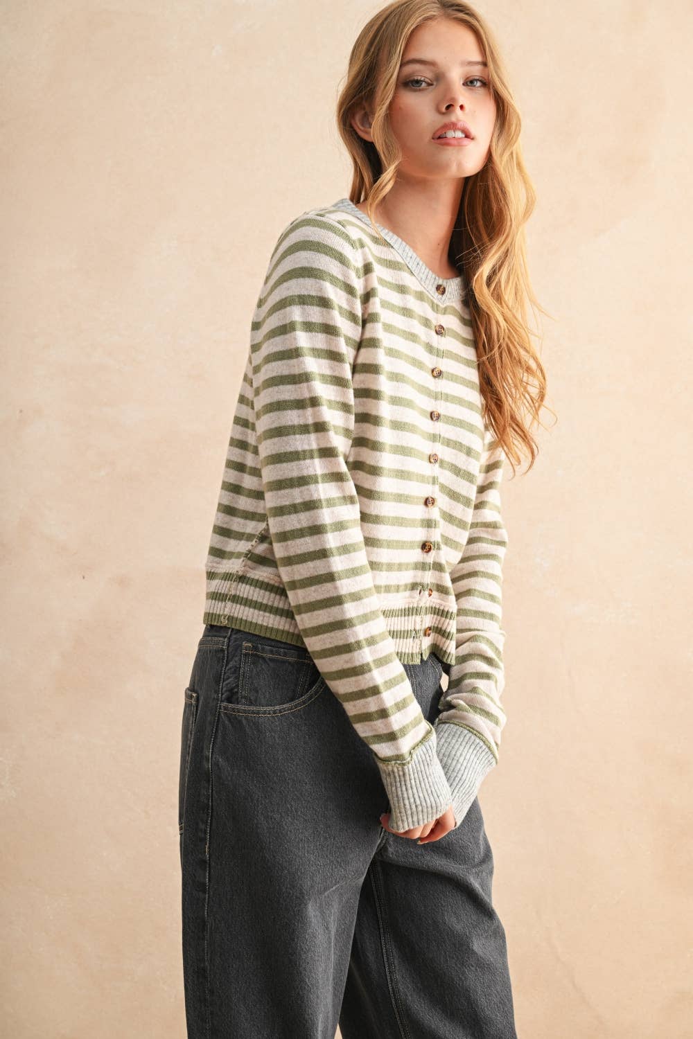 STRIPED PATTERN BUTTON FRONT CARDIGAN