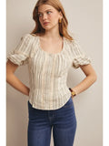 Striped Lace-Trim Puff Sleeve Blouse