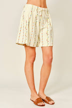 FLOWER EMBROIDERED FLARE SHORTS WITH DRAWSTRING WAIS