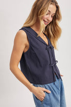 LINEN FRONT TIE SLEEVELESS TOP