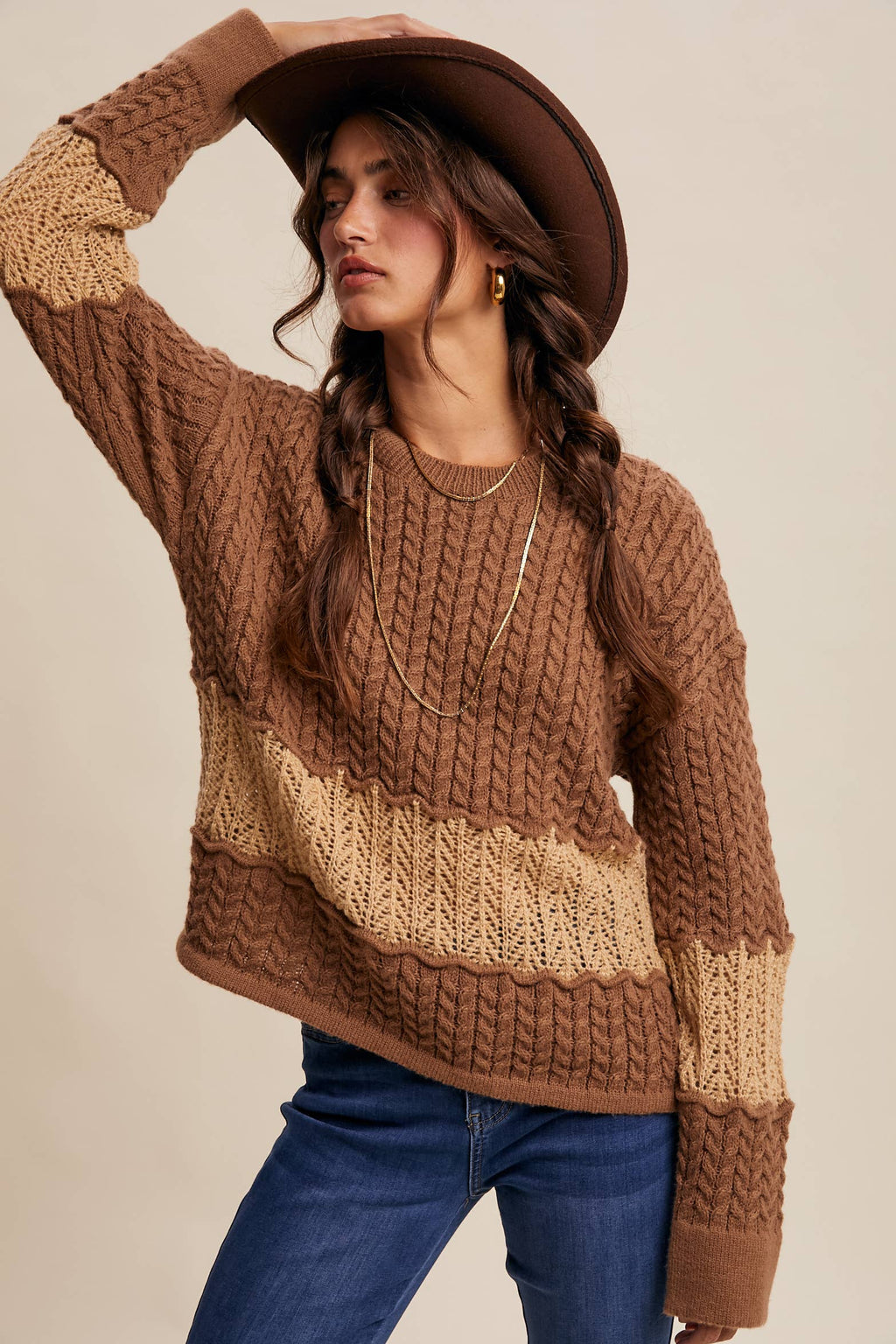 Colorblock Cable Knit Sweater