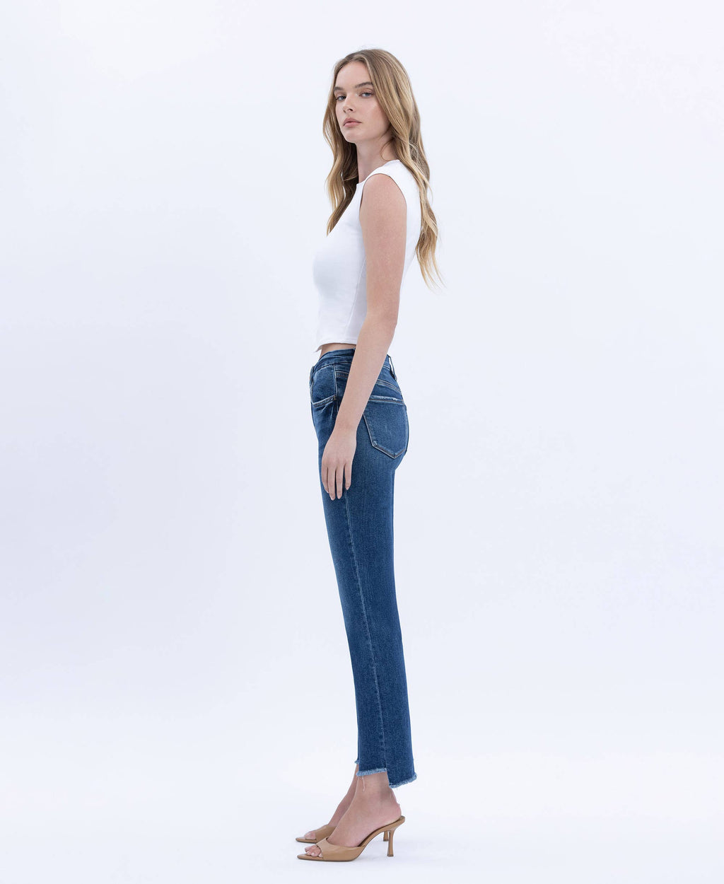 HIGH RISE RAW SLANT HEM SLIM STRAIGHT JEANS