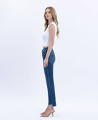 HIGH RISE RAW SLANT HEM SLIM STRAIGHT JEANS