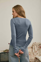 BUTTON FRONT ROUND NECK LONG SLEEVE KNIT TOP