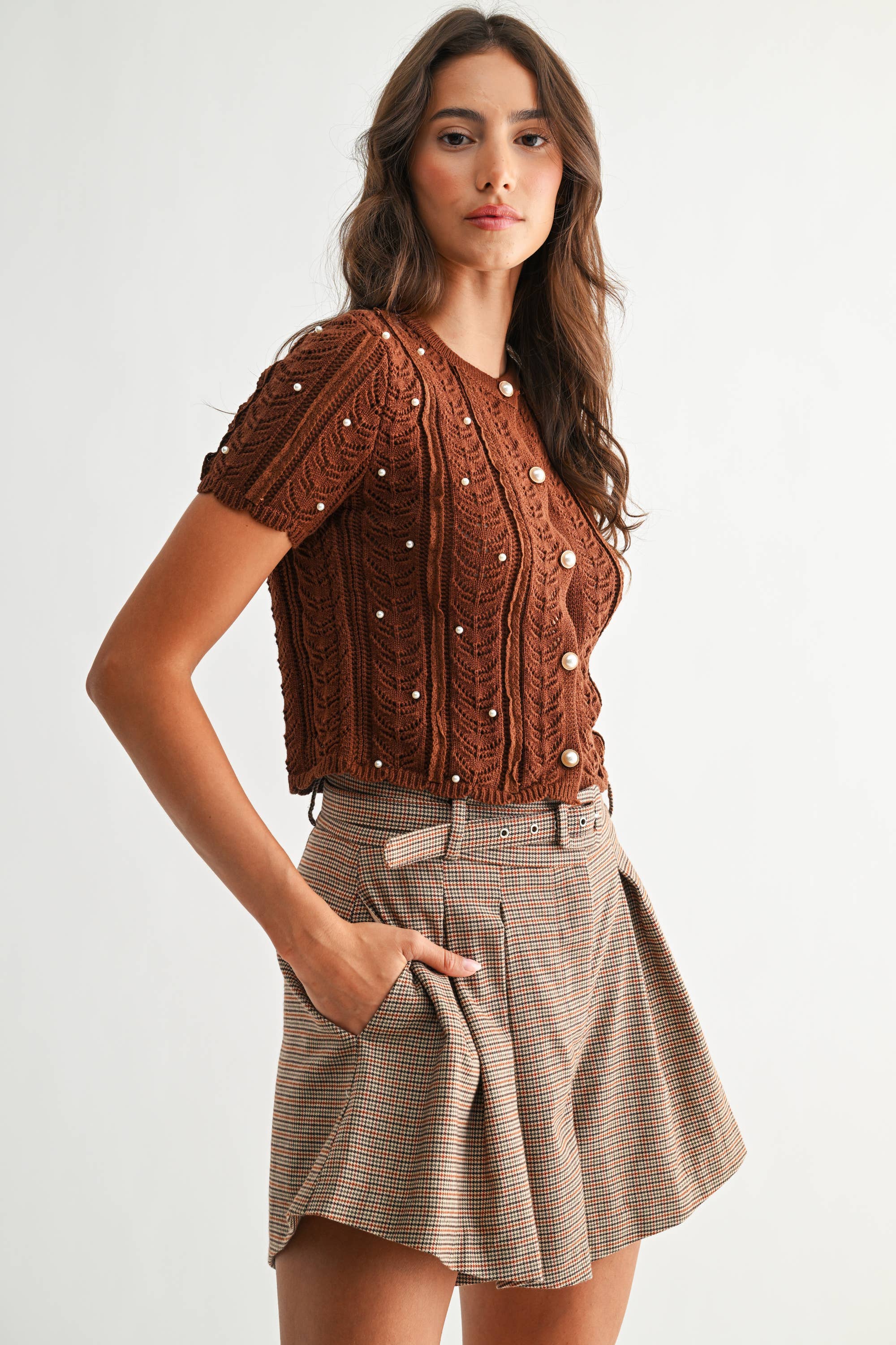 Lace Knit Pearl Button Cardigan
