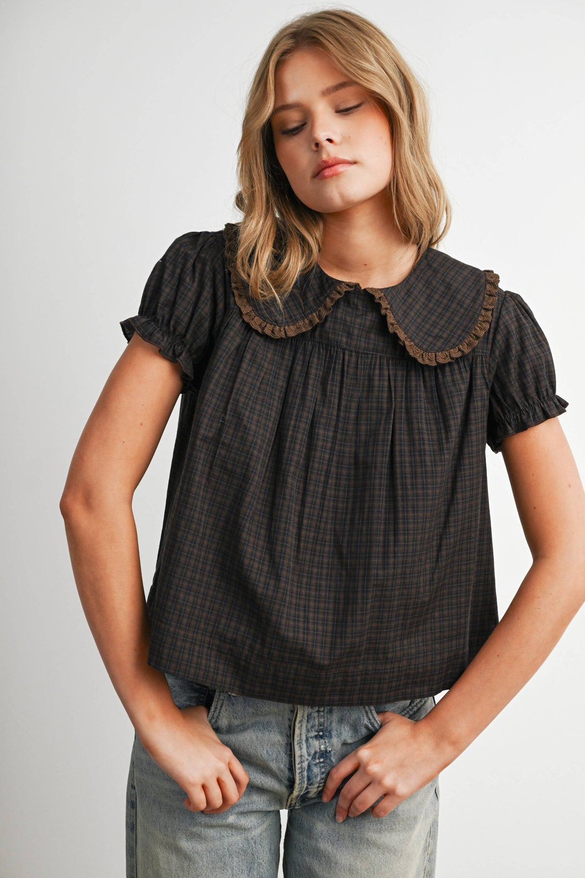 Plaid Peter Pan Collar Puff Sleeve Blouse