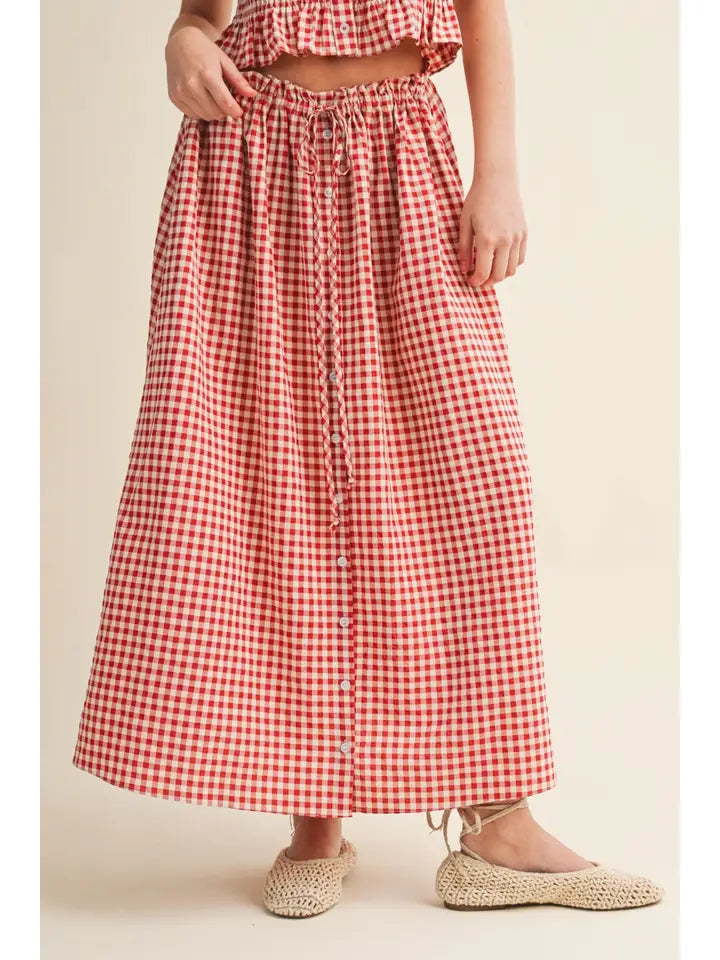 Gingham Pattern Button Front Long Skirt
