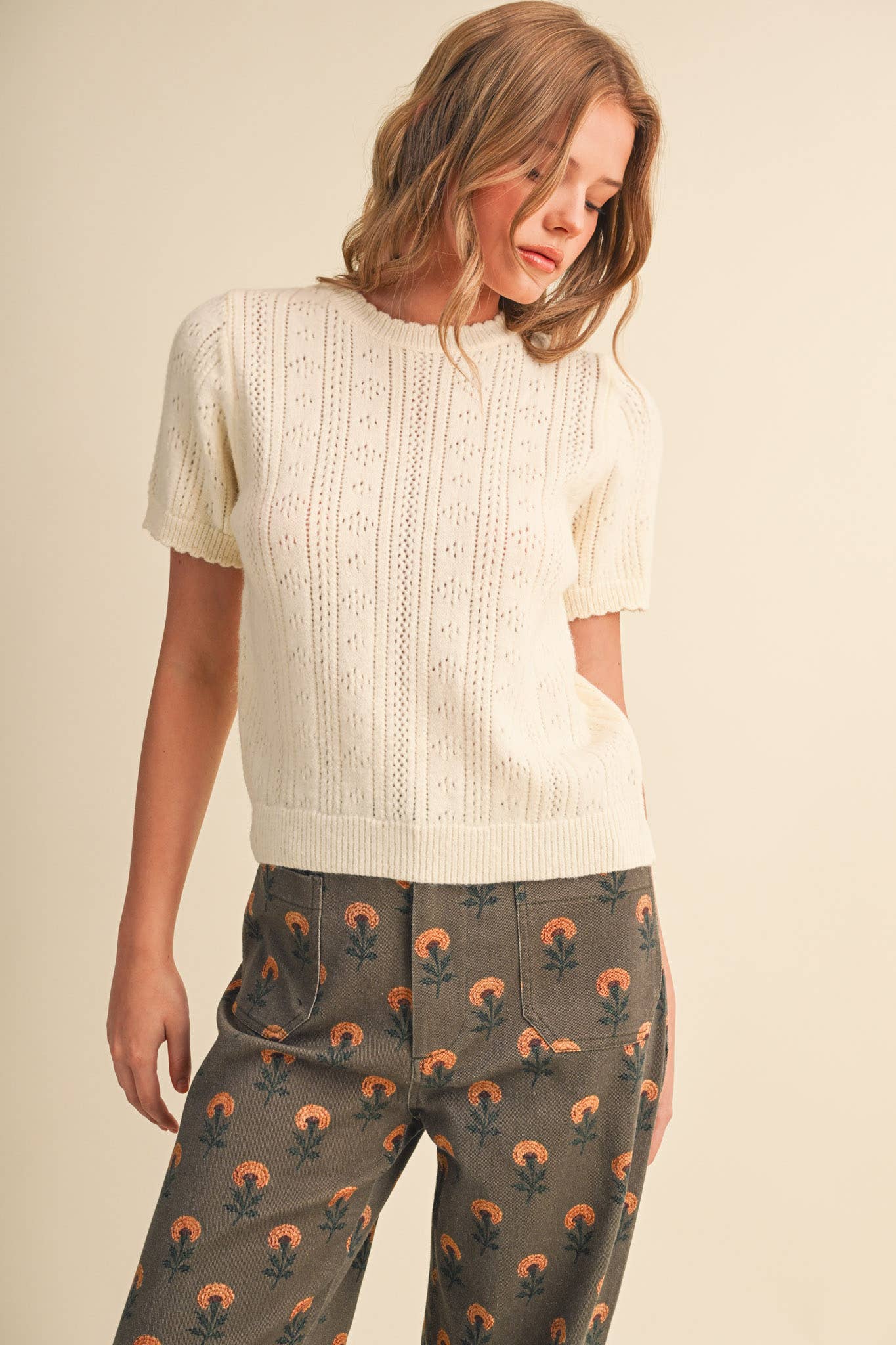 SCALLOPED POINTELLE KNIT SHORT SLEEVE SWEATER