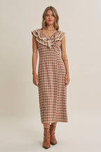 AUTUMN HARVEST RUFFLED PLAID BODY SKIMMING SLIT MIDI DRESS
