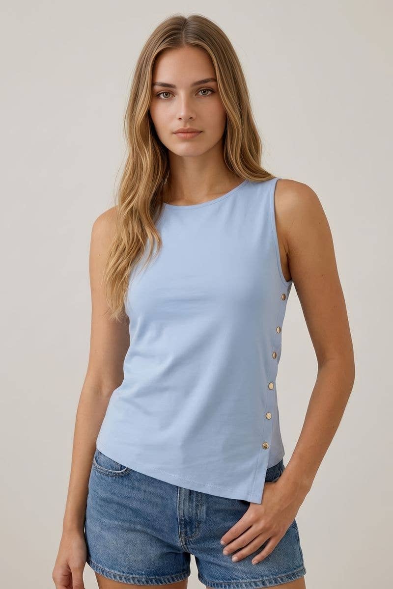ASYMMETRICAL BUTTON DETAIL BOAT NECK TANK TOP